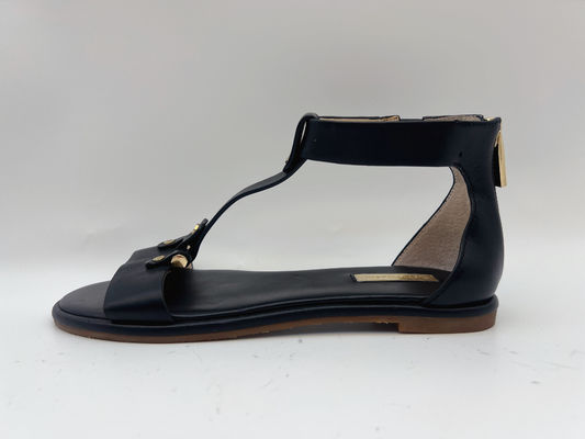 Damskie czarne płaskie buty z paskiem w kształcie litery T Peep Toe Soft Nappa Prawdziwa skóra Retro rzymskie sandały