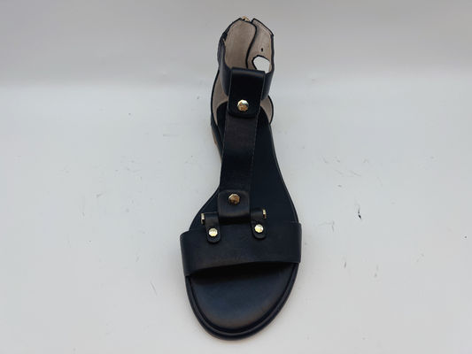 Damskie czarne płaskie buty z paskiem w kształcie litery T Peep Toe Soft Nappa Prawdziwa skóra Retro rzymskie sandały
