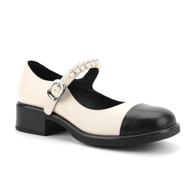 Okrągłe buty damskie skórzane płaskie buty (czarno-białe szwy mary jane)