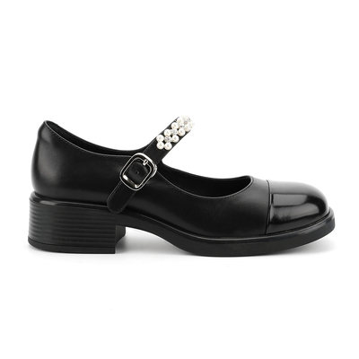 Okrągłe buty damskie skórzane płaskie buty (czarno-białe szwy mary jane)