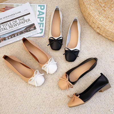 Damskie Nude Comfort Pump Colorblock Płaskie Buty, Modne Skórzane Bow Mieszkania