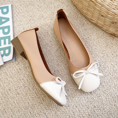 Damskie Nude Comfort Pump Colorblock Płaskie Buty, Modne Skórzane Bow Mieszkania