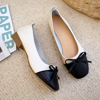 Damskie Nude Comfort Pump Colorblock Płaskie Buty, Modne Skórzane Bow Mieszkania