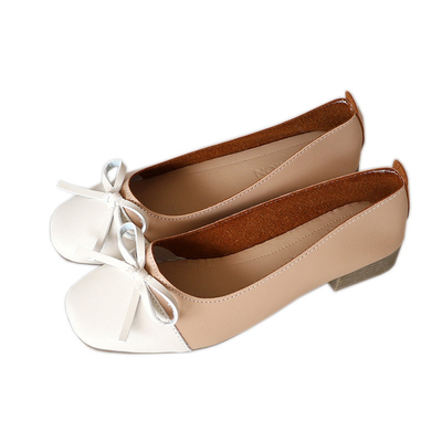 Damskie Nude Comfort Pump Colorblock Płaskie Buty, Modne Skórzane Bow Mieszkania