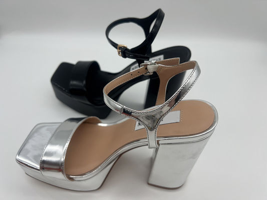 Patent Pu Skórzane buty damskie Kwadratowy palec u nogi Srebrny czarny masywny obcas