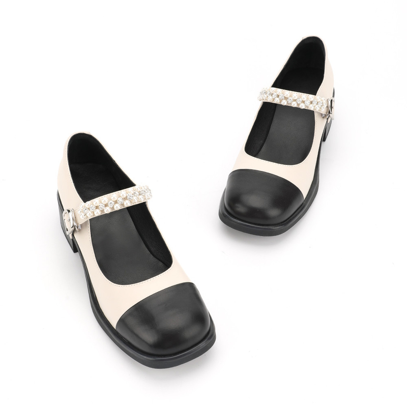 Okrągłe buty damskie skórzane płaskie buty (czarno-białe szwy mary jane)