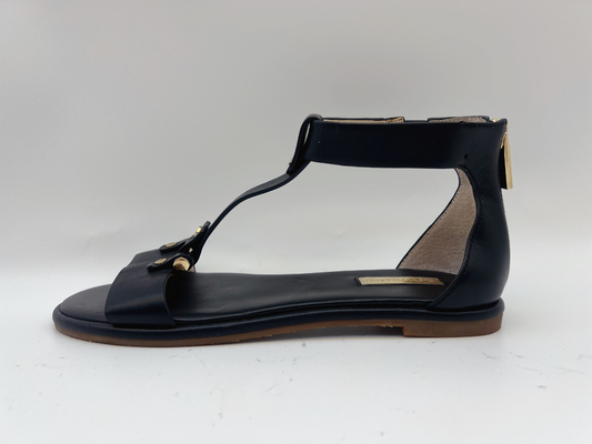 Damskie czarne płaskie buty z paskiem w kształcie litery T Peep Toe Soft Nappa Prawdziwa skóra Retro rzymskie sandały