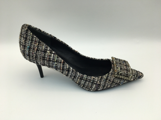 Buty damskie w kratkę, buty damskie na wysokim obcasie z kwadratową metalową klamrą