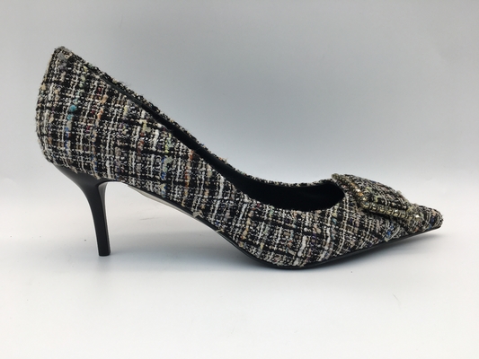 Buty damskie w kratkę, buty damskie na wysokim obcasie z kwadratową metalową klamrą